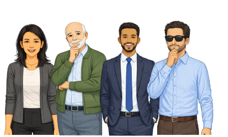 Illustrated characters Naomi, Paddy, Ethan and Daniel standing next to each other. 