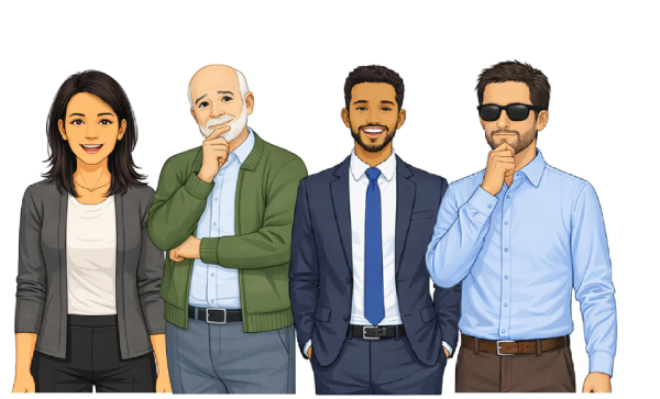 Illustrated characters Naomi, Paddy, Ethan and Daniel standing next to each other. 