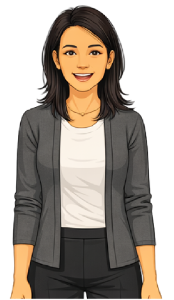 An image of Naomi, the main character for this module. Naomi is wearing a white t-shirt with a grey cardigan. Her arms are by her side and she is smiling.