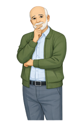 An image of Paddy, the main character for this module. Paddy is wearing a light blue shirt with a green jacket. His hand is up to his chin in a thinking pose.