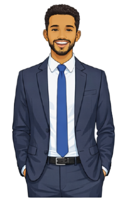 An image of Ethan, the main character for this module. Ethan is wearing a navy suit with a blue tie. He is smiling with his hands in his pockets.