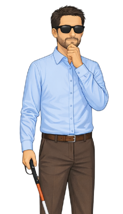 An image of Daniel, the main character in this module. Daniel is wearing a blue shirt with brown pants. He is visually impaired and caries a cane. His hand is up to his chin in a thinking pose.