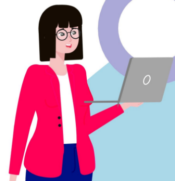 Molly - an illustrated character with black hair, glasses and wearing a pink blazer and blue pants stands holding a laptop. 