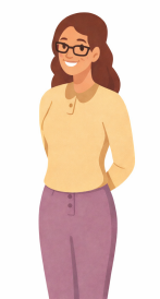 Illustrated character Miriam. A woman with brown hair, glasses, wearing a yellow top and purple pants. 