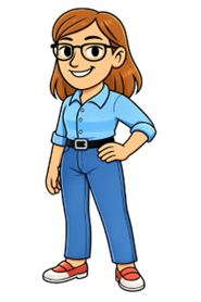 Sam, illustrated cartoon style woman. With brown hair glasses, wearomg a blue shirt, blue pant and red shoes