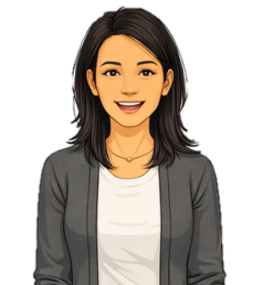 Naomi illustrated character. A woman with black shoulder length hair wearing a grey blazer and white tshirt