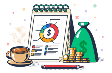 A  cup of coffee next to a notepad showing graph with breakdown of budget, stack of coins, bag of money and pencil