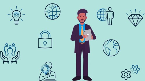 Man holding an ipad with fraud and security related icons around him in the background